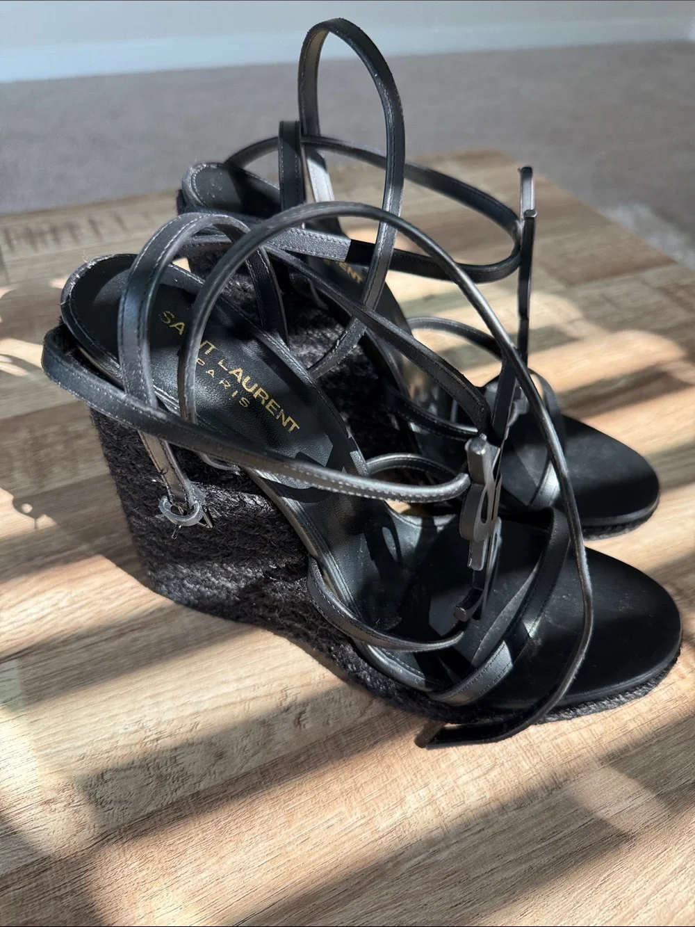 Saint Laurent Black Strappy Logo Wedge Sandals